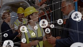 Female warehouse worker scanning package at logistics hub, with network icons showing data. Supply chain, inventory management, automation, teamwork, logistics, industry, technology - Powered by Shutterstock - Get 15% off with code: PIKWIZARD15