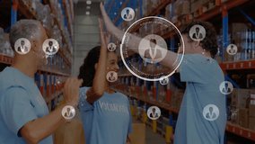 Volunteer team exchanging high-five in charity warehouse, displaying floating HUD with box charts. Collaboration, teamwork, humanitarian, digital interface, logistics, community, organization - Powered by Shutterstock - Get 15% off with code: PIKWIZARD15