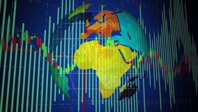 Stylized globe rotating on navy screen, displaying green and red candlesticks with trend lines. World map, data visualization, financial analysis, investment, technology, digital interface, business - Powered by Shutterstock - Get 15% off with code: PIKWIZARD15