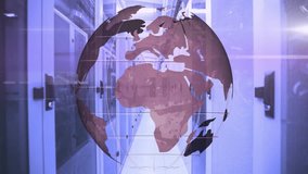 Digital globe rotating above server rack corridor glowing with pink purple accent and blue lighting. Technology, cybersecurity, futuristic, innovation, digital, network, energy - Powered by Shutterstock - Get 15% off with code: PIKWIZARD15
