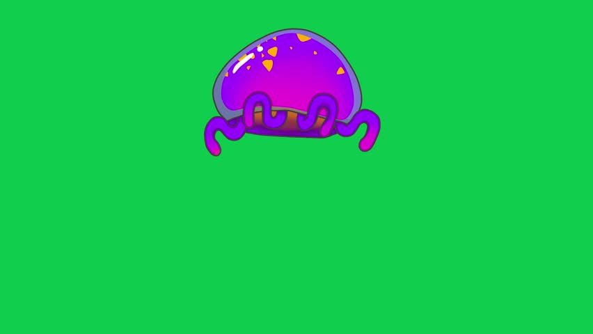 Cartoon purple jellyfish on green screen, perfect for chroma key, explainer videos, animal animation, sea content, and stock creative projects with transparent background.