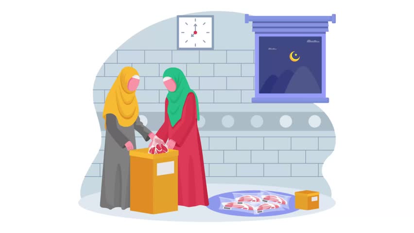 Meat Distribution with Faith and Love animation, Women Engaged Preparing Qurbani Packing animated video, Eid al-Adha Clip, Eid-al-Kabir Hajj footage Traditional Arabic Muslims Festival motion graphics