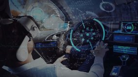 Man wearing VR headset driving car, accessing technology via holographic gauges charts smartphone. Futuristic, immersive, virtual, innovation, technology, dashboard, connectivity - Powered by Shutterstock - Get 15% off with code: PIKWIZARD15