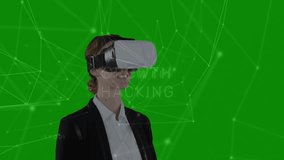 Businesswoman wearing VR headset raising hand in growth hacking environment, showing network nodes. Technology, innovation, connectivity, futurism, digitalization, virtual, professional - Powered by Shutterstock - Get 15% off with code: PIKWIZARD15