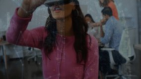 Woman using VR guiding tech meeting, with digital network overlay and team collaborating. Futuristic, innovation, teamwork, technology, digital, communication, corporate - Powered by Shutterstock - Get 15% off with code: PIKWIZARD15