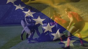 Rugby players competing for loose ball in stadium, showing animated flag motif for sports marketing. Athletics, competition, teamspirit, energy, action, sportswear, outdoor - Powered by Shutterstock - Get 15% off with code: PIKWIZARD15