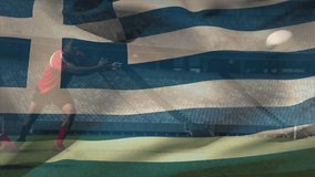 Seven rugby players pushing on grass pitch, showcasing sports marketing with animated flag stripes. Athletics, competition, teamwork, strength, vigor, grassland, stadium - Powered by Shutterstock - Get 15% off with code: PIKWIZARD15