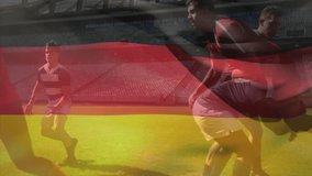 Rugby players tackling ball carrier on sports field in stadium, displaying animated data metrics. Athletes, teamwork, competition, strength, outdoor, dynamic, sport - Powered by Shutterstock - Get 15% off with code: PIKWIZARD15