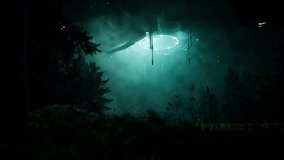 An alien ship hovers over a road in the forest and abducts people by pulling them inside. 3D animation. - Powered by Shutterstock - Get 15% off with code: PIKWIZARD15