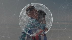 woman holding child on beach, displaying technology network sphere with connecting nodes. Family, connection, technology, networking, outdoor, innovation, futuristic - Powered by Shutterstock - Get 15% off with code: PIKWIZARD15