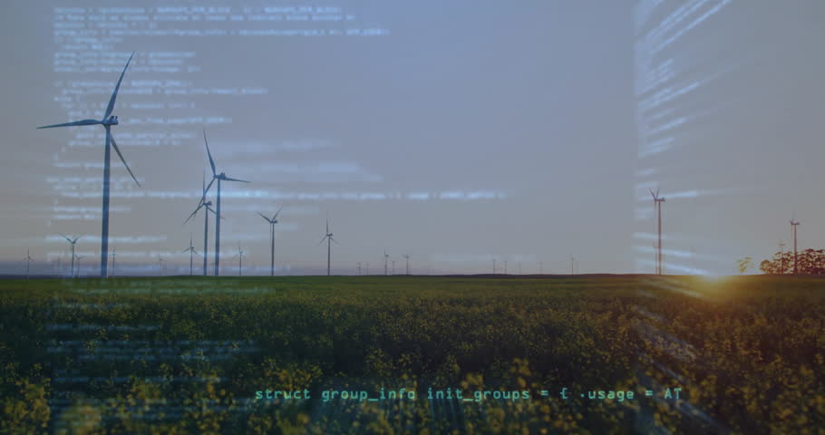 Wind turbines spinning across horizon, featuring glitch streaks over grassy plain in flat design. Renewable energy, sustainable, nature, technology, environmental, futuristic, abstract