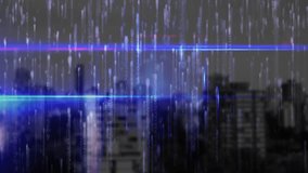 Data analysts analyzing urban skyline with cascading code streams and neon glitch lines. Futuristic, cyberpunk, abstract, digital, neon, cityscape, technology - Powered by Shutterstock - Get 15% off with code: PIKWIZARD15