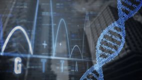 DNA double helix visualization floating atop nucleotide waveform graphs and code above skyline. Futuristic, technology, innovation, biotech, data, analytics, digital - Powered by Shutterstock - Get 15% off with code: PIKWIZARD15
