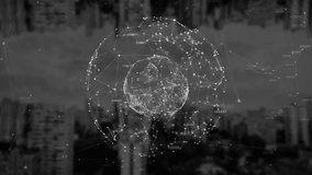 Technology network sphere hovering over city skyline, showing digital data flow with glowing nodes. Futuristic, abstract, innovation, connectivity, digital, modern, sleek - Powered by Shutterstock - Get 15% off with code: PIKWIZARD15