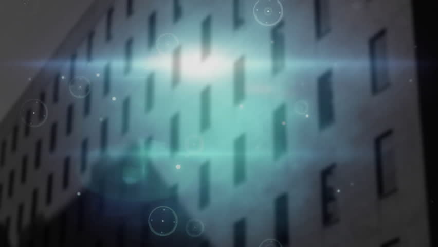 Animated illustration showing building facade glowing with digital light streaks and network lines. Futuristic, technological, urban, abstract, neon, innovation, connectivity