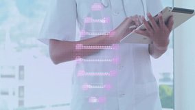 female healthcare professional tapping tablet in clinic window, displaying pink digital graphs. Medical, technology, professional, healthcare, digital, modern, clinical - Powered by Shutterstock - Get 15% off with code: PIKWIZARD15