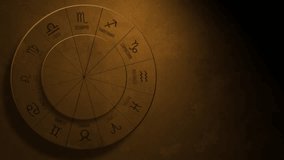 Astrological horoscope. Animation of the rotation of the circle of zodiac signs on the old wall in yellow light. 4K video. - Powered by Shutterstock - Get 15% off with code: PIKWIZARD15