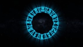 Blue color zodiac wheel with glowing astrological symbols and rays of light on the background of the starry sky. 4K. - Powered by Shutterstock - Get 15% off with code: PIKWIZARD15