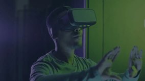 Cybersecurity developer using VR headset in tech lab, navigating code and encryption data. Futuristic, immersive, digital, innovation, virtual, technological, analysis - Powered by Shutterstock - Get 15% off with code: PIKWIZARD15