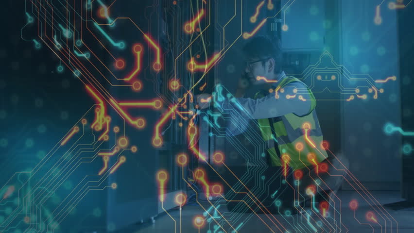 IT technician kneeling adjusting network cables while holding handset amid glowing data circuits. Silicon, connectivity, cybersecurity, innovation, modern, infrastructure, technology - Powered by Shutterstock - Get 15% off with code: PIKWIZARD15