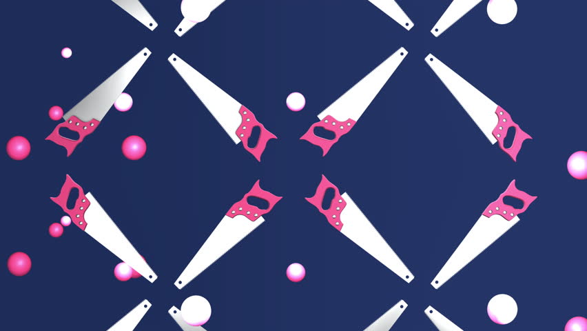 Several Sharp Professional Hand Saws Moving In Dim Blue Background. Creative Media Background With Hand Saws Floating Among Colorful Balls. Industrial Woodwork Hand Saw Symbol Background Art