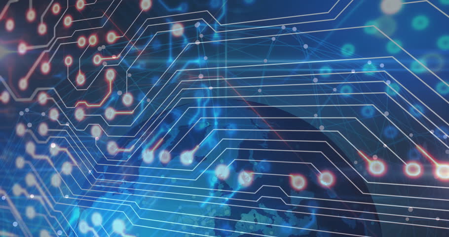 Flat design showing white circuitry lines flowing across blue world map, pulsing glowing nodes. Technology, connectivity, digital, network, data, innovation, cybersecurity