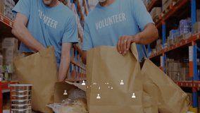 logistics volunteers stacking supplies in warehouse, showing animated inventory charts above racks. Collaboration, teamwork, storage, distribution, support, organization, industrial - Powered by Shutterstock - Get 15% off with code: PIKWIZARD15