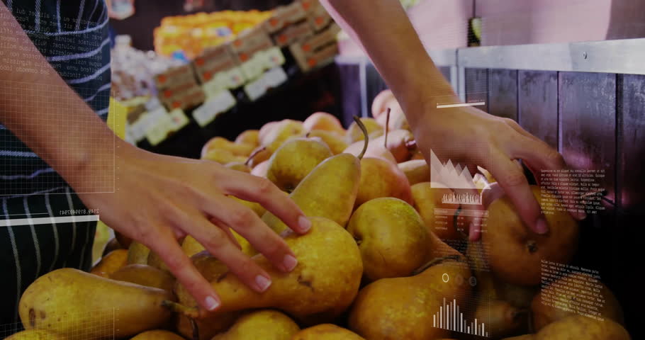 Female shopper selecting pears in grocery market, with animated pie chart and bar graph overlays. Retail, commerce, analytics, digital, consumer, freshness, healthy