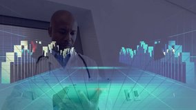 Medical doctor reviewing handheld device while viewing holographic grid, bar charts and line graphs. Technology, innovation, healthcare, analytics, data, futuristic, professional - Powered by Shutterstock - Get 15% off with code: PIKWIZARD15