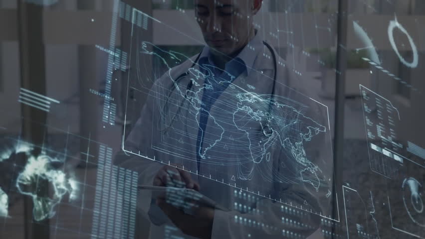 Male doctor interacting with holographic world map and data charts in clinical tech lab. Futuristic, innovation, technology, healthcare, modern, digital, science