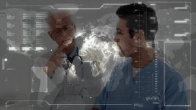 Two medical professionals reviewing data panels in hospital control room, using holographic globe. Technology, innovation, collaboration, healthcare, futuristic, data visualization, digital interface - Powered by Shutterstock - Get 15% off with code: PIKWIZARD15