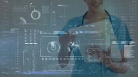 Female medical professional interacting with holographic charts and graphs, analyzing health data. Healthcare, technology, innovation, analytics, digital, medical, futuristic - Powered by Shutterstock - Get 15% off with code: PIKWIZARD15