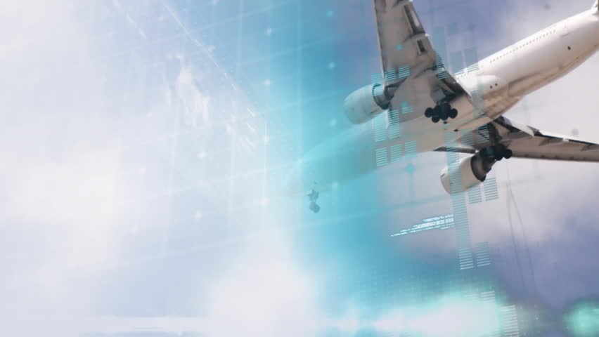 White passenger jet flying through interface, displaying holographic map, grid lines, code blocks. Futuristic, technology, digital, aviation, interface, data, virtual - Powered by Shutterstock - Get 15% off with code: PIKWIZARD15