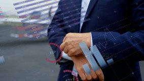 Senior male executive standing on tarmac beside private jet, showing finance pie charts bar graphs. Corporate, finance, presentation, professional, modern, analytical, executive - Powered by Shutterstock - Get 15% off with code: PIKWIZARD15