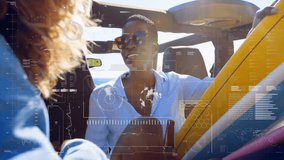 Female driver lifting sunglasses as friend raises bottle cruising coast, showing tech data overlays. Adventure, leisure, elegance, glamour, travel, modern, vibrant - Powered by Shutterstock - Get 15% off with code: PIKWIZARD15