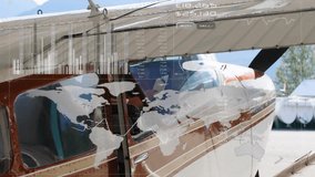 Single-engine propeller plane resting on apron while overlaying global finance charts in 3D render. Aviation, finance, technology, data visualization, cockpit, industry, digital interface - Powered by Shutterstock - Get 15% off with code: PIKWIZARD15