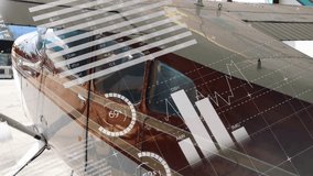 Plane fuselage showing augmented reality overlays in 3D render, displaying rivets, trim, data bars. Aviation, technology, innovation, cockpit, data visualization, industry, sleek - Powered by Shutterstock - Get 15% off with code: PIKWIZARD15