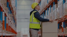 Warehouse worker moving cartons in logistics facility, showing digital user icons and chat bubbles. Industrial, efficiency, logistics, digital, collaboration, automated, storage - Powered by Shutterstock - Get 15% off with code: PIKWIZARD15