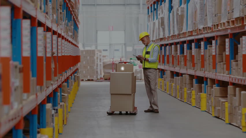 Warehouse worker guiding pallet jack in aisle, showing network icons for logistics tracking. Storage, logistics, technology, supply chain, industrial, automation, distribution - Powered by Shutterstock - Get 15% off with code: PIKWIZARD15