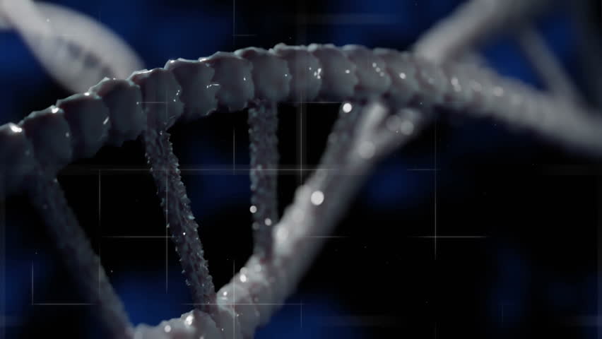 3D render showing DNA double helix twisting across digital HUD with floating data bars. Futuristic, biotechnology, science, innovation, data visualization, digital environment, molecular