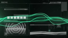 Futuristic digital dashboard displaying flowing waveforms, bar chart and HUD gauge in flat design. Technology, data, interface, innovation, analytics, visualization, interface design - Powered by Shutterstock - Get 15% off with code: PIKWIZARD15