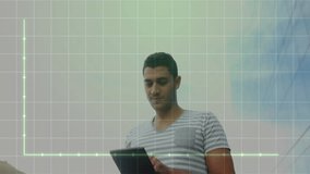 Man holding tablet near modern high-rise building, displaying data grid overlay with line chart. Technology, analytics, innovation, professional, urban, futuristic, data - Powered by Shutterstock - Get 15% off with code: PIKWIZARD15