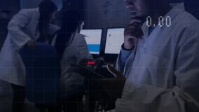 Lab colleagues adjusting tablet and panel, displaying line graph overlay in technology lab. Technology, innovation, data analysis, research, teamwork, scientific, digital - Powered by Shutterstock - Get 15% off with code: PIKWIZARD15