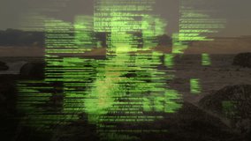 Green digital code overlay streaming over rocky shoreline at dusk, with flat design style. Technology, cybersecurity, digital landscape, futuristic, data visualization, serene, abstract - Powered by Shutterstock - Get 15% off with code: PIKWIZARD15