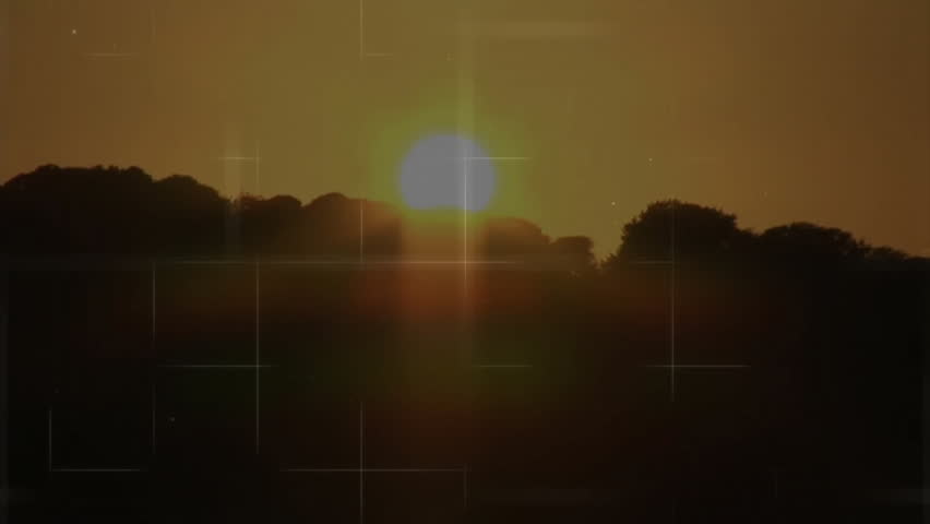 Sun disk peeking above treetops, displaying HUD line graphs and dot matrices across sunset sky. Futuristic, visualization, technology, landscape, abstract, data, scenic