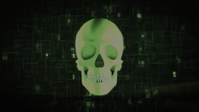 Floating green 3D skull glowing above calm twilight water while grid lines shimmering around cubes. Futuristic, digital, surreal, minimalistic, cyber, technological, bioluminescent - Powered by Shutterstock - Get 15% off with code: PIKWIZARD15