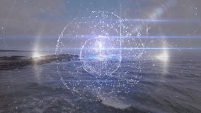 3D network sphere floating above rocky sunset coast, showing light flares and gentle waves. Futuristic, abstract, technology, visualization, digital, innovation, serene - Powered by Shutterstock - Get 15% off with code: PIKWIZARD15