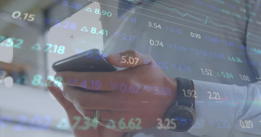 Businessman adjusting smartwatch while holding smartphone, showing financial line charts overlay. Technology, finance, professional, digital, corporate, analytics, connectivity