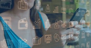 Man holding smartphone in home workspace, displaying floating finance charts, coins money bag icons. Technology, finance, analytics, digital, professional, data, startup - Powered by Shutterstock - Get 15% off with code: PIKWIZARD15