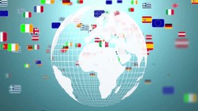 White wireframe globe spinning in teal gradient scene, featuring floating EU and national flags. Geography, connectivity, globalization, digital interface, international, innovation, network - Powered by Shutterstock - Get 15% off with code: PIKWIZARD15